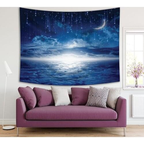 Tapestry New Moon Stars Clouds Glowing Horizon Astrology Nature Mystrical Dreamy Scenery Art Printed Blue White