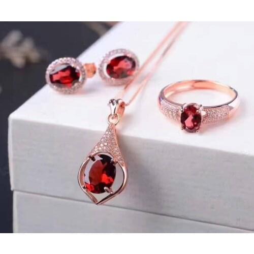 Natural Red Garnet Ring Pendant Earrings Natural Gemstone Jewelry Set 925 Silver Fashion round Women Wedding Necklace gift Ring