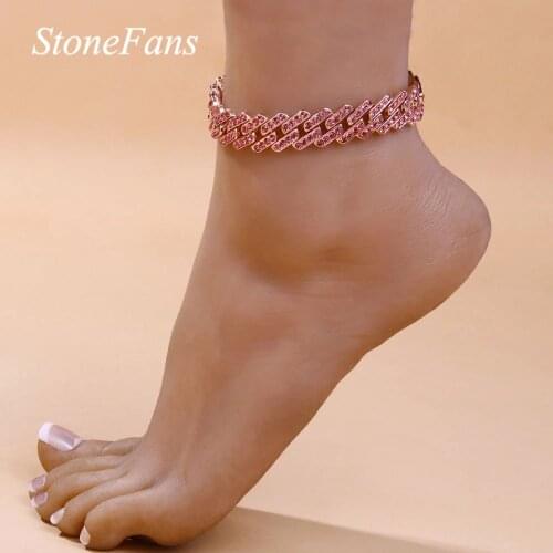 Stonefans New Fashion Full Rhinestone Cuban Anklet for Women Hip Hop Cuban Chain Iced Out Foot Bracelet Barefoot Jewelry Gift