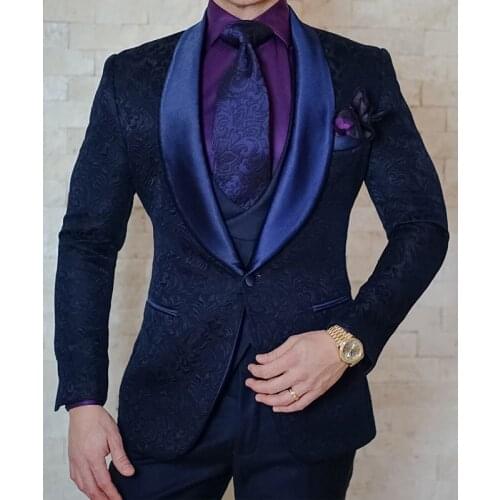Navy Blue Floral Jacquard Men Suits Slim fit with Shawl Lapel 3 Piece Custom Wedding Tuxedo for Groomsmen 2020 Male Fashion
