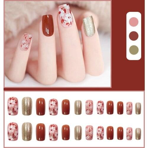 H 24 PCS Floral Art Fake Jelly Nails Adhesive/Wearable Finger Nails Extension for Hand Nail Artist Japanese Style Square