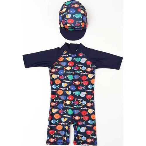 New Childrens Swimsuit Boys One Piece Sunscreen Boys Baby Surfing Swimsuit Hot Spring Summer Swimwear with hat UPF50