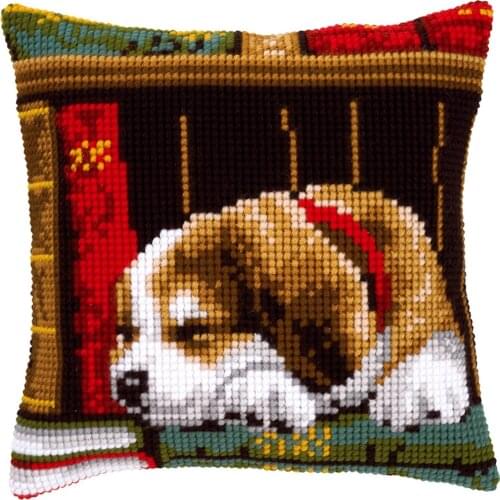 Cross Stitch Cushion Dog Sleeping On Bookshelf Needlepoint Kits Printed Canvas Chunky Yarn Cross-stitch Pillow Case Arts & Craft