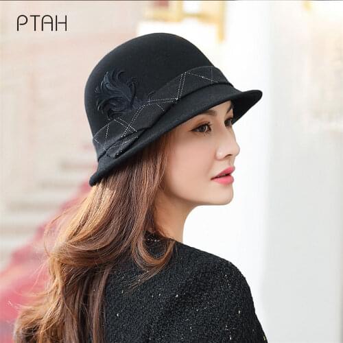 [PTAH] Fedoras Hats For Womens Temperament Elegant Church Autumn Winter New Warmer Hat Ladies 100% Australian Wool High Quality