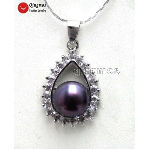 Qingmos Drop 18*26mm Pendant & Necklace for Women with Black 9-10mm Natural Flat Pearl Chokers Necklace Chain 17" Jewelry n6133