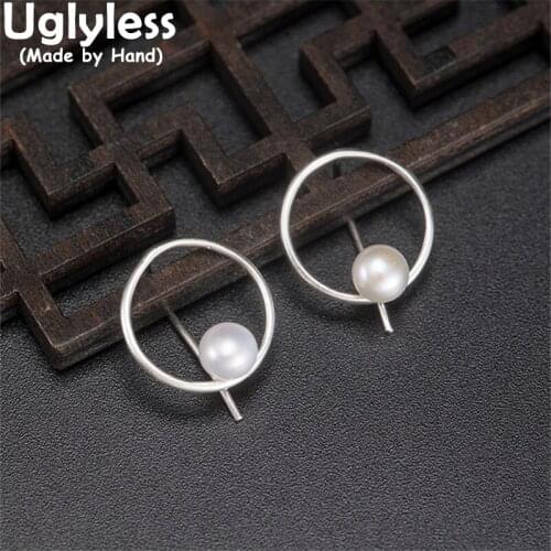 Uglyless Simple Hollow Circles Earrings for Women Natural Pearls Ear Hooks 925 Sterling Silver Elegant Dress Jewelry Minimalism
