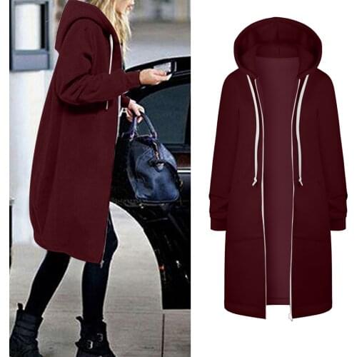 Oversized Hoodie Women High Street Zip Up Hooded Pullover Winter Solid Thermal Warm Coat Jackets Solid Long Draw String Hoodies
