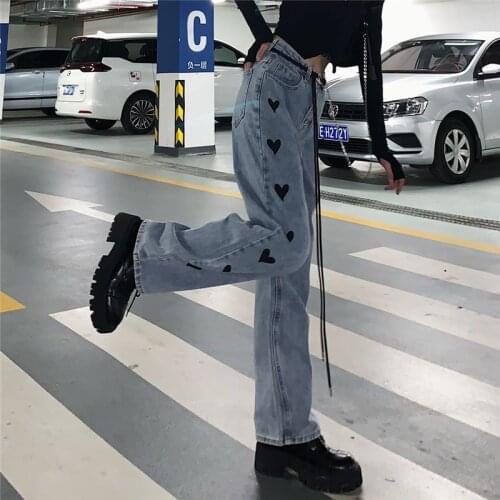 Vintage Heart Shape Printing Jeans Wide Leg Pants Women Korean Loose Straight Denim Pants 2021 Autumn Winter Fashion Trousers