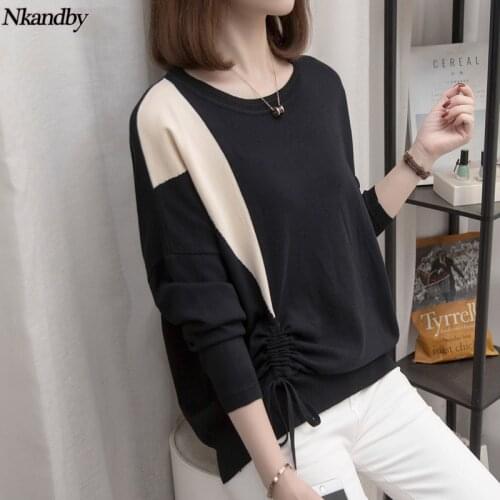 Drawstring Knitted Sweaters Women 2020 Autumn Winter Pullovers Oversize Jumpers Patchwork Drawstring Korean Style Knitting Tops