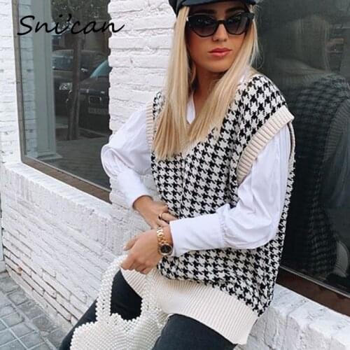Women knitted sweater fashion casual basic v neck black white plaid vest pullover femme ladies pull sweter autumn za 2020 new
