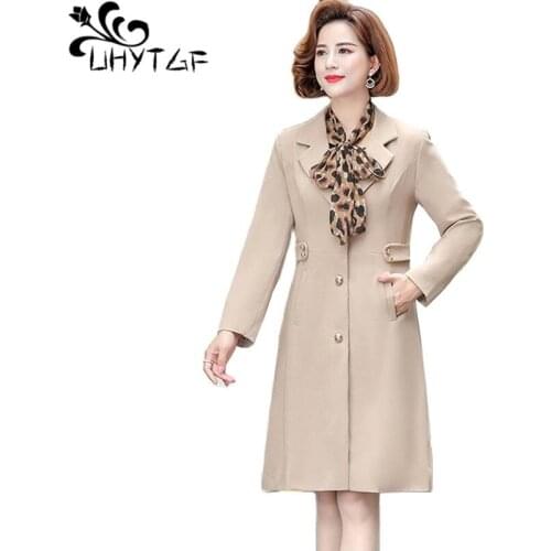 UHYTGF 2021 Womens Autumn Coat Fashion Lapel Single Breasted Slim 5XL Plus Size Trench Coat Female Elegant Mom Windbreaker 1785