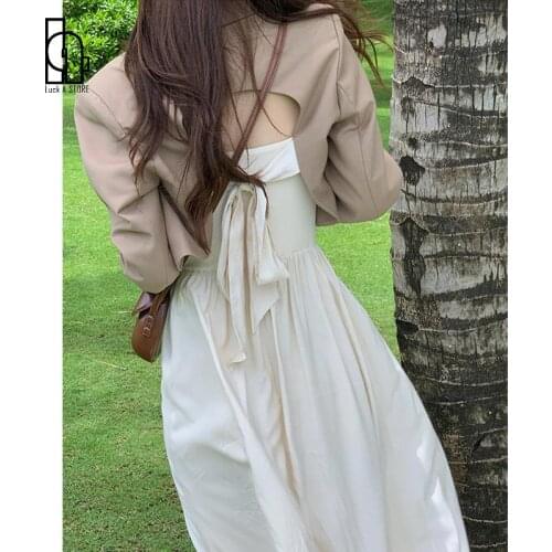 2021 Autumn Elegant Midi Floral Dress Female Casual Y2k Crop Tops Backless Blazers + Korean Fashion Beach Party Dress Set Ladies