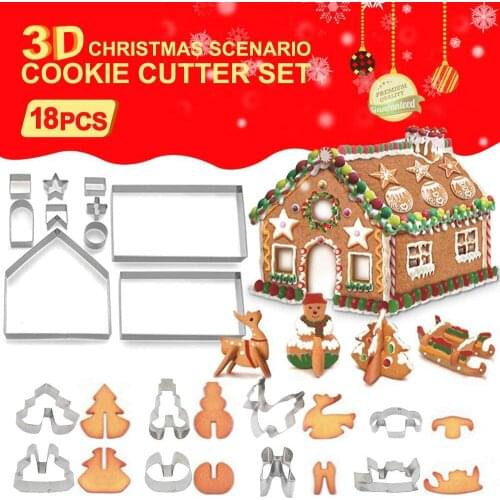 18Pcs Christmas Cookie Cutters Stainless Steel Cookie Cutter Set 3D Gingerbread House Cookie Mold For Chirstmas New Year Gift