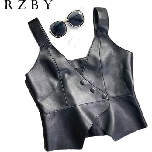 2020 Natural Sheepskin Slim Sleeveless Jacket Women Genuine Leather Streetwear Short Waistcoat Black Office Lady Vest RZBY298