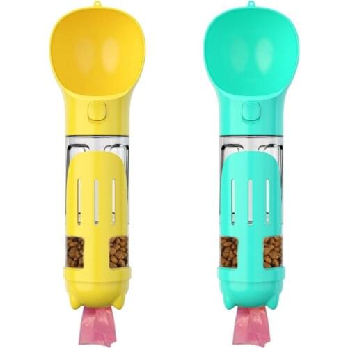 4 In 1 Pet Dog Travel Water Bottle 300ml Drinking Cup Feeding Function & Poop Shovel & Bags Dispenser