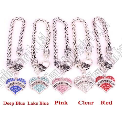 Sister in Christ Pave Crystal Heart Charm Bracelet Silver Plated 20cm wheat link chain Lobster Clasp Bracelets