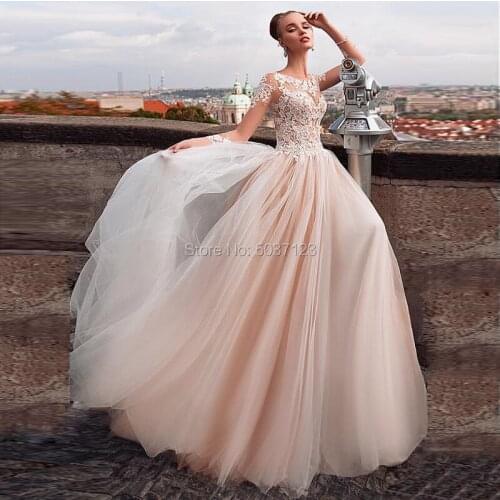 Champagne Long Sleeves Wedding Dresses Lace Appliques O Neck Sweep Train Tulle Vestido De Noiva Mariage Buttons Back Bridal Gown