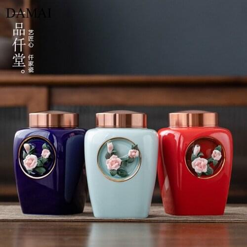 Flower Decoration Ceramic Tea Tins with Lid 3D Craft Porcelain Tea-leaf Caddies Coffee Table Container Home Decoration Modern