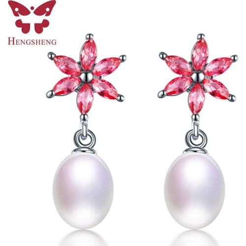 Flower Created Ruby Dangle Earrings 925 Sterling Silver Earrings For Women 100% Genuine Pearl Earings Fashion Jewelry 2021