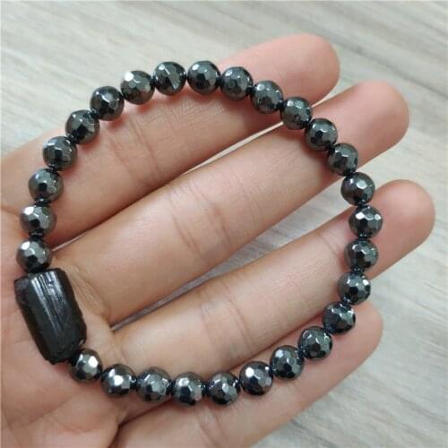 Hot Sale Natural Mineral Stone Rough Black Tourmaline Energy Healing Stone Bead Faceted Hematite Bead Energy Bracelet Unisex
