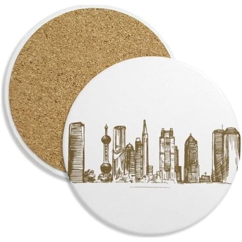 Shanghai China Landmark Sketch Stone Drink Ceramics Coasters for Mug Cup Gift 2pcs