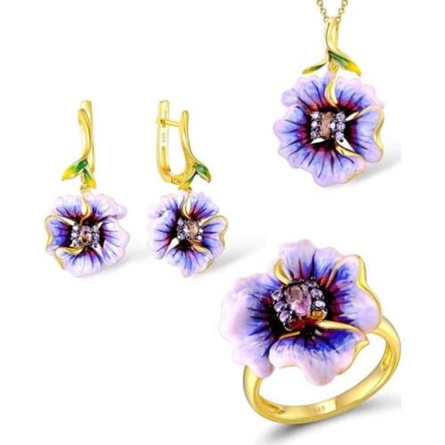 KOFSAC New Fashion 925 Sterling Silver Necklaces Jewelry Sets For Women Earrings 3 Piece Set Enamel Purple Flower Zircon Rings
