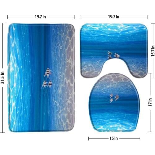 Blue Ocean Sea Water Bath Mats Bathroom Rug 3-Piece Set Seabed Animal Fish Non-Slip Flannel U-Shaped Pad Toilet Bath Decor Sets