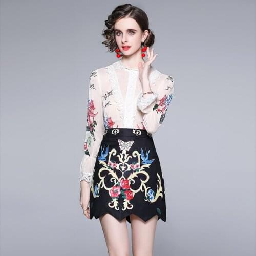 Summer Womens Suit French Commuter Round Neck Printed Lace Flared Sleeves Top+high Waist Skirt New Waist Female Sets X381