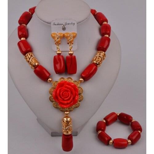 Fashion Red African Coral Beads Flower Necklace Nigerian Wedding Bridal Jewelry Sets 315-C3
