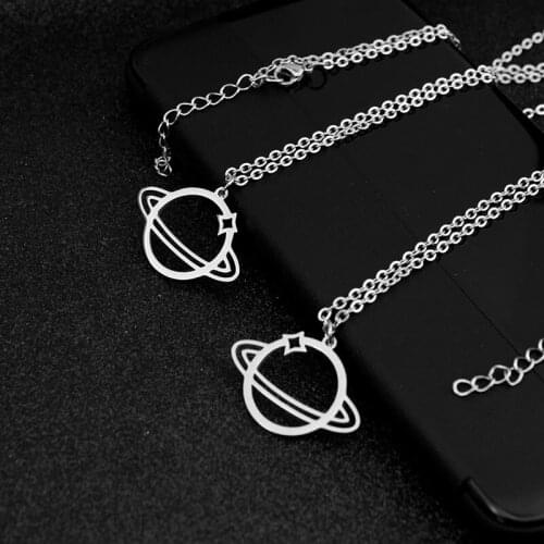 Fashion Hollow Planet Pendant Necklace Stainless Steel Jewelry for Men Women Universe Charm Long Metal Chain Hip Hop Style Gift
