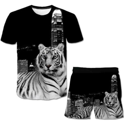 Men Fashion Two Pieces Sets T Shirts+pants Suit Men Summer Tops Tees Fashion 3D tiger Print Tshirt High Quality board shorts