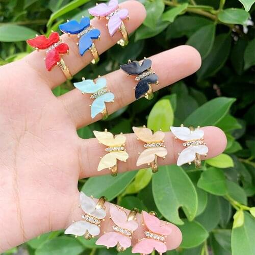 New Fashion Butterfly Brass Gold Plated Women Glass Butterfly CZ Rings