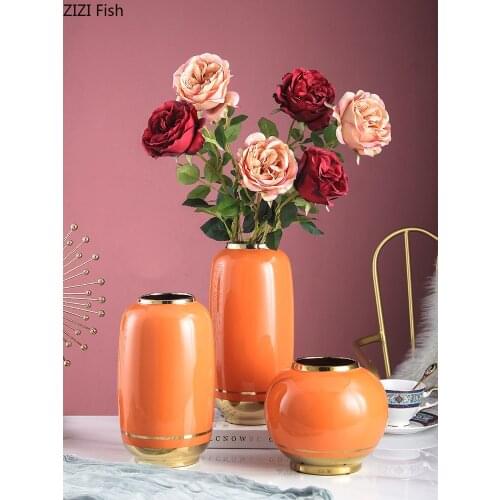 Chinese Style Orange Ceramic Vase Golden Stripes Vases Desk Decor Flower Arrangement Artificial Flowers Home Decoration Modern