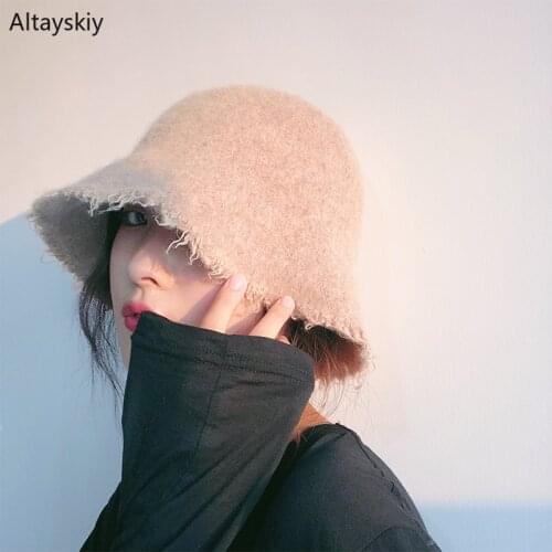 Bucket Hats Women Chic Korean Style All-match Sunscreen Shade Sun Womens Hat Solid Ulzzang Autumn Woolen Ladies Caps Sweet Thick