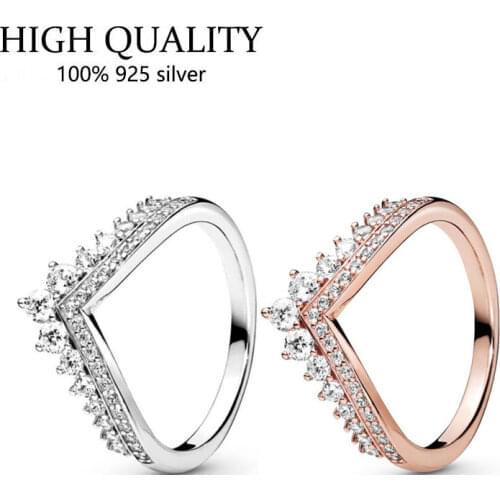Authentic 925 Sterling Silver Rose Gold Crown Wishing Bone Cz Ring Is Suitable For Womens Engagement Jewelry Anniversary