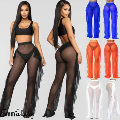 Sexy Women Beach Cover Up See Through Ruffle Pants Mesh Sheer Long Pants Bikini Cover Up Bottoms Swimsuit Swimwear