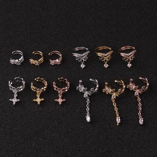 1 pcs Simple Copper Leaf Crown CZ No Piercing Ear Clip Cuff Earring Women Trendy Cute Gold Color Small Cross Circle Earrings