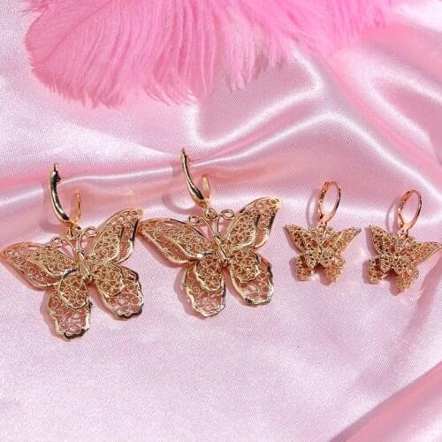 JUST FEEL 2Pcs/Set Fashion Butterfly Drop Earrings For Women Gold Color Exquisite Hollow Butterfly Earring Sets Charm Jewelry