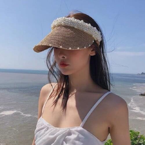 Pearl Sun Hats Empty Top Straw Hats Women Casual Summer Beach Visor Caps Wide Large Brim Sunshade Outdoor Sports Gorras