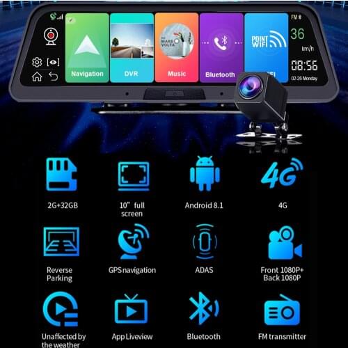OLPAY 10 Inch Android 8.1 4G WIFI ADAS Bluetooth Car DVR Dual Lens Video Recorder HD 1080P GPS Navigation Dashboard Car Cameras
