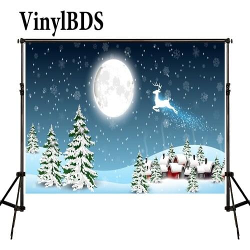 VinylBDS Christmas Painted Backdrop Light Moon Elk Flying Sky Snow House Fond Photographine Backgrounds Photo Studio Hj02169