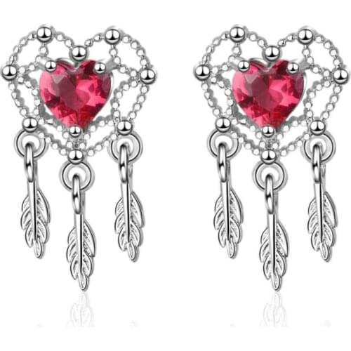 Sole Memory Love Heart-shaped Dream Catcher Tassel Korean Short 925 Sterling Silver Personality Female Stud Earrings SEA429