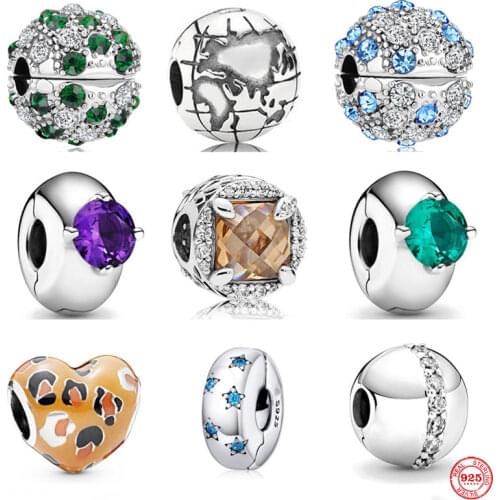925 sterling silver women jewelry Green Blue Purple Globe Clip beads fit Pandora bracelet DIY pendant Accessories Charm