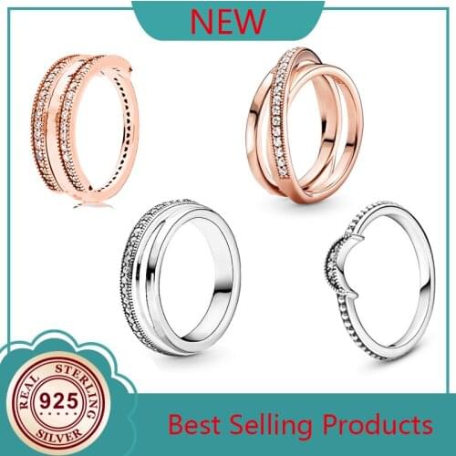 925 Sterling Silver Rose Gold Pan Ring Reversible Heart And Crystal Ring Women Wedding Party Gift Fashion Jewelry
