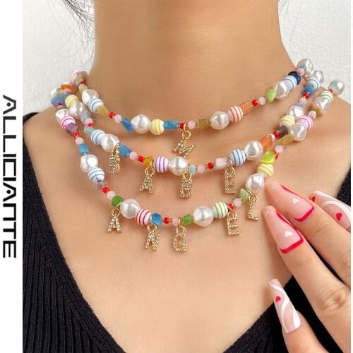 Boho Custom Crystal Letters Pearls Beaded Necklace For Women Candy Bead Name Choker Initial Necklaces Personalized Jewelry Gift