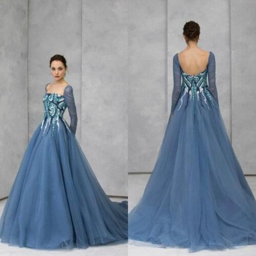 2020 Evening Dresses Square Neck A Line Tulle Sequined Long Sleeve Prom Dress Designer Sweep Train Custom Made Robes De Soirée