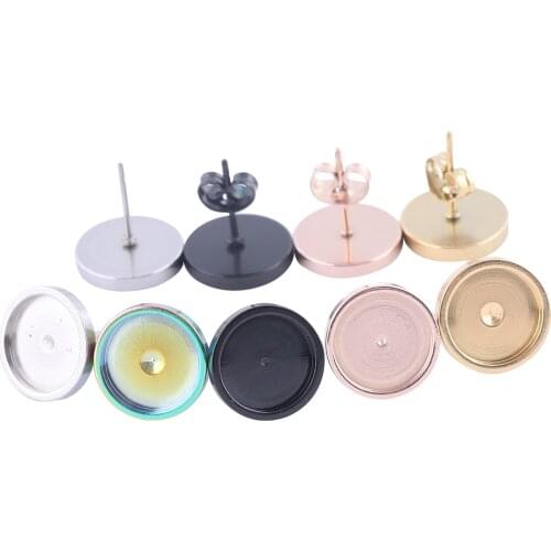 Onwear 10pcs Rose Gold Black Stainless Steel stud earring base 8mm cabochon bezel settings diy post pin earrings findings