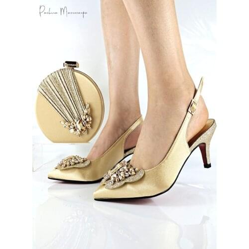 2021 Hot Selling Gold Color Italian Design Special Butterfly-Kond Style Colorful Crystal Decoration Women Shoes and Bag Set