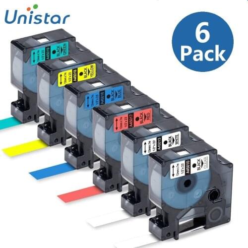 6Pack Tapes 12mm Compatible for Dymo Label Printer LabelManager 210D Label Tape A45013 A45010 A45018 45017 45019 Multiple Colors