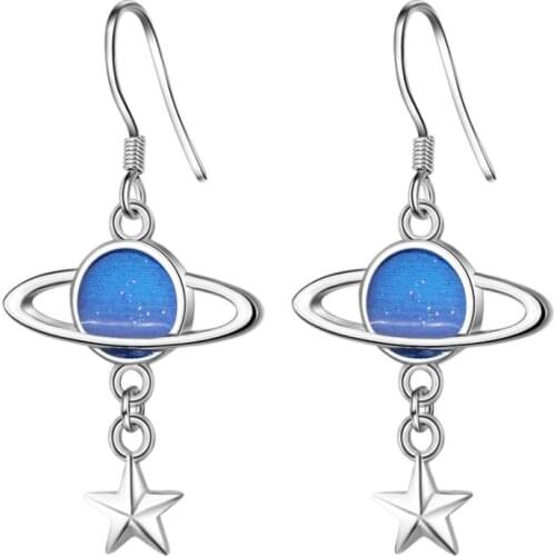 Sole Memory Blue Planet Star Personality Long Drop Glaze 925 Sterling Silver Temperament Female Dangle Earrings SEA436